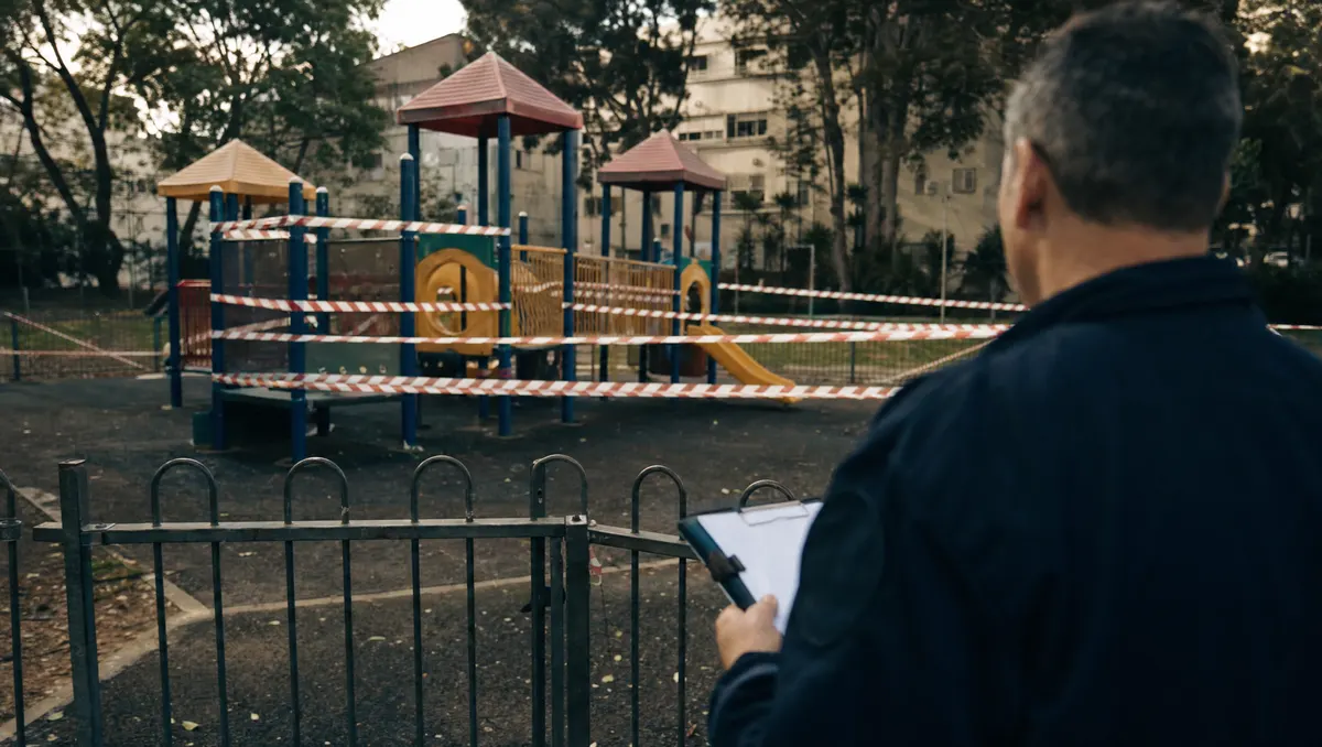 המחשה: גן משחקים סגור עטוף בסרט אזהרה, מפקח עם לוח כתיבה מביט מהשער